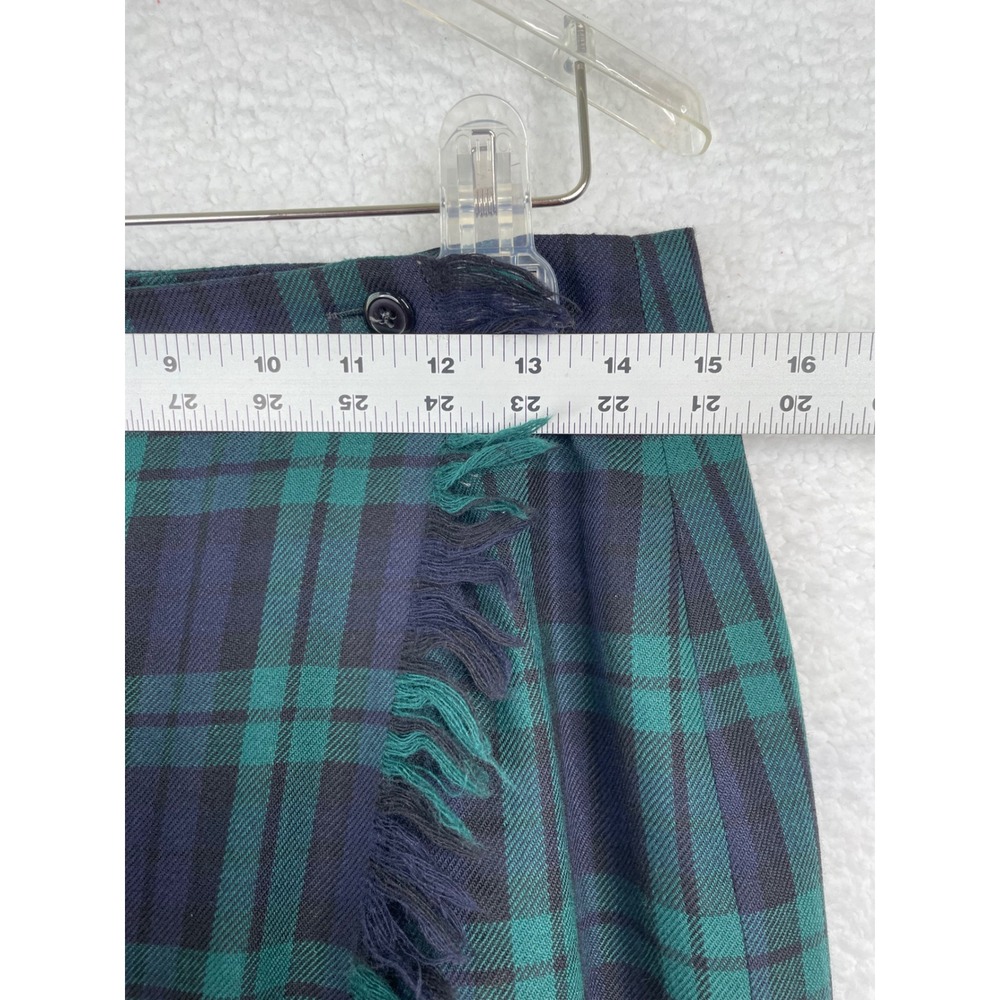Rafaella Petites Wool Wrap Skirt Black Watch Plaid Fringed Midi Green Navy 12P - Picture 6 of 10